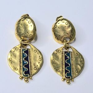 C. Stein Gold Tone Blue Enamel Clip-On Vintage Earrings